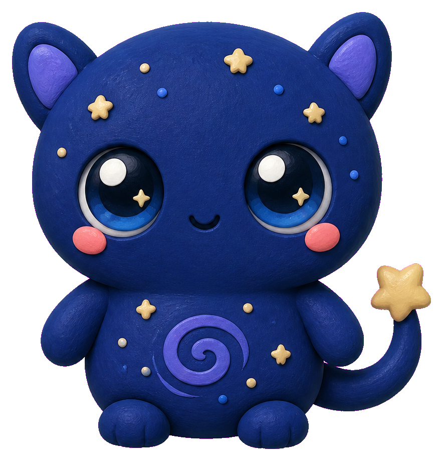 Cute navy alien sticker with big eyes, pink cheeks, stars, and a spiral tail.