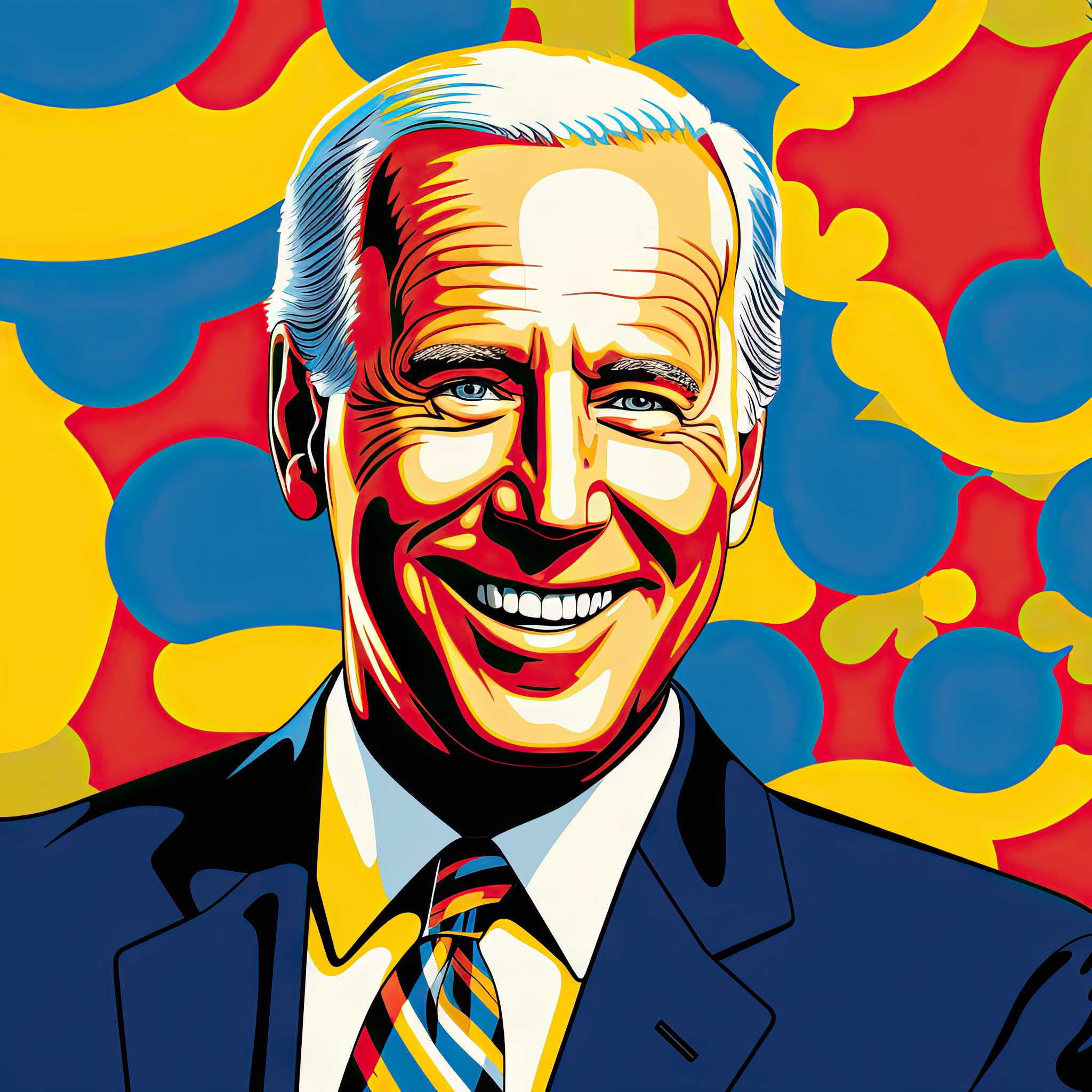 Pop art portrait of Joe Biden in a suit against a colorful abstract background.