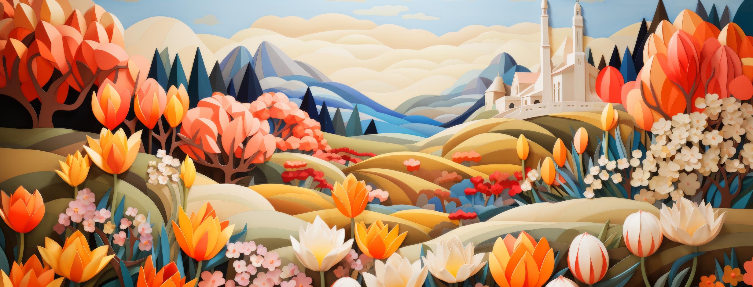 Preview for Floral-landscape-with-castle-easter-facebook-background-c5276