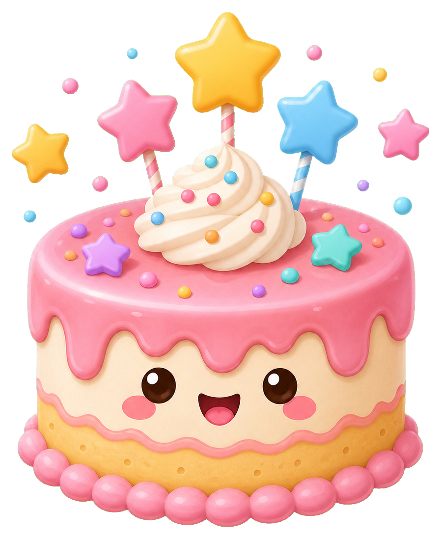 Cute pink birthday cake with smiling face, star toppers, and colorful floating stars