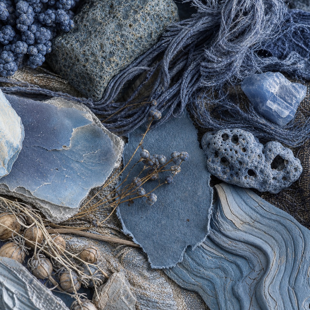Blue ceramic and stone textures arranged in an organic still life composition.