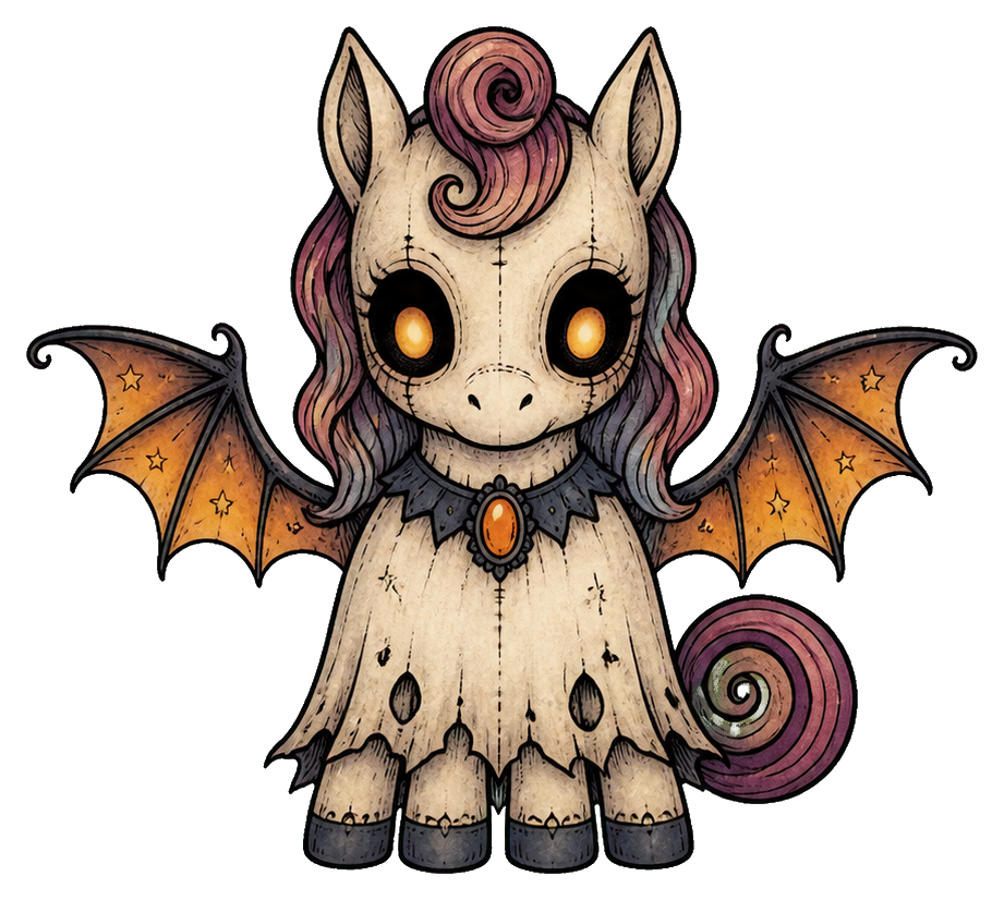 Cute spooky pony phantom with bat wings, glowing eyes, and curled mane and tail