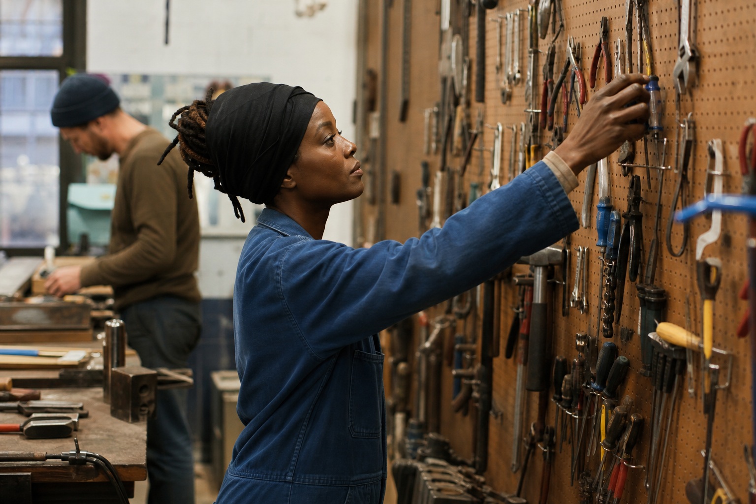 People working in a small workshop beside a wall of hanging tools.