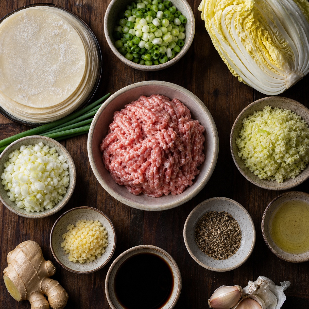 Top-down view of bowls with dumpling ingredients, wrappers, vegetables, meat, and seasonings on a dark surface.