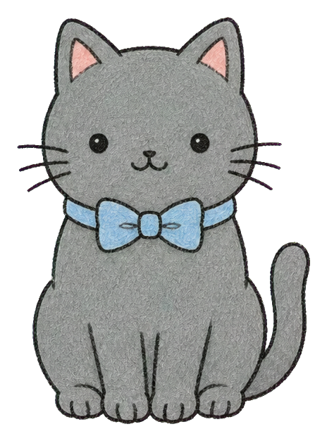 Gray kawaii cat sitting with a light blue bow tie and pink ears.