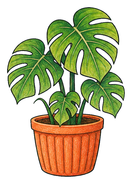 Monstera leaves growing from an orange ribbed planter