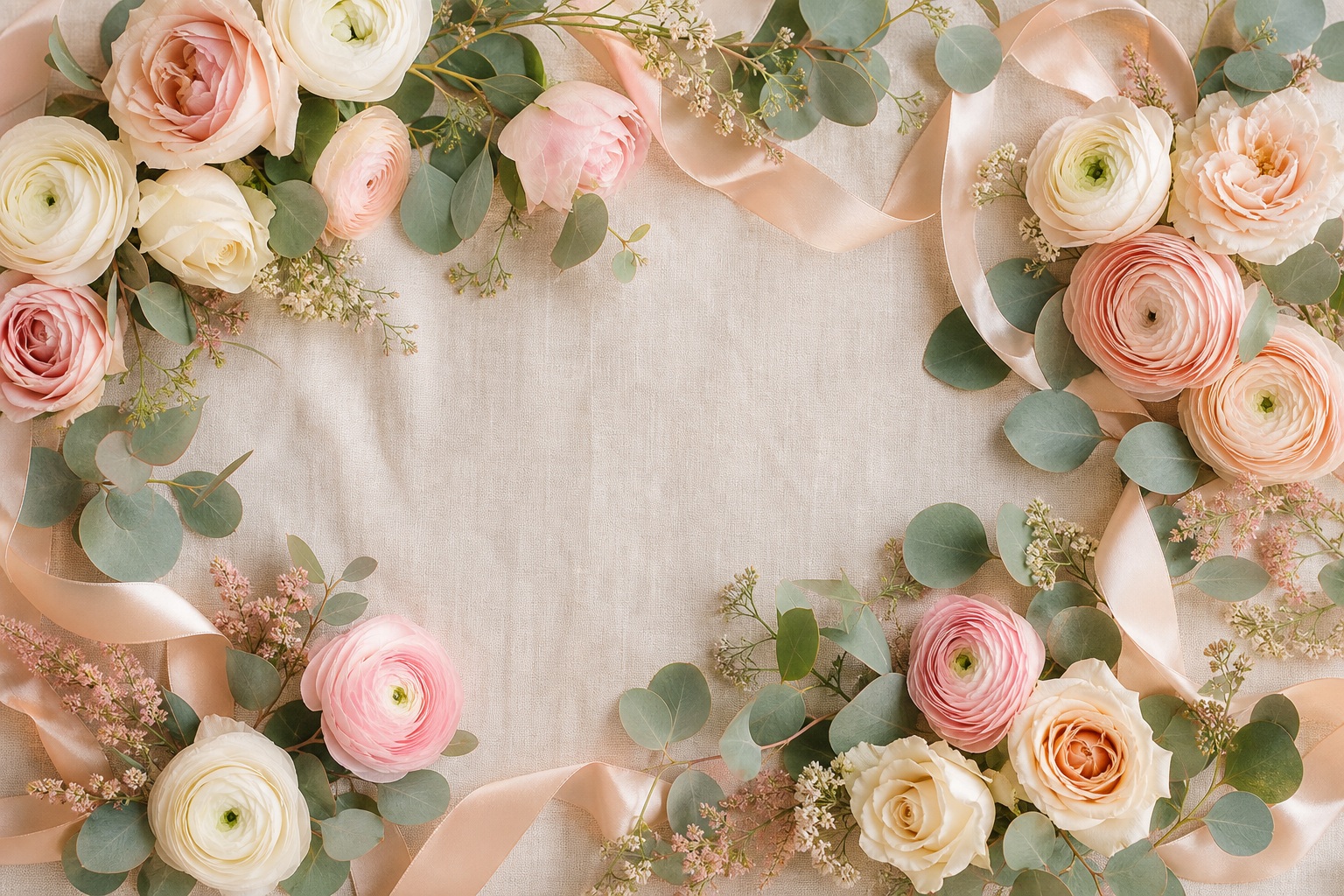 Blush roses and greenery arranged around a linen flatlay wedding background