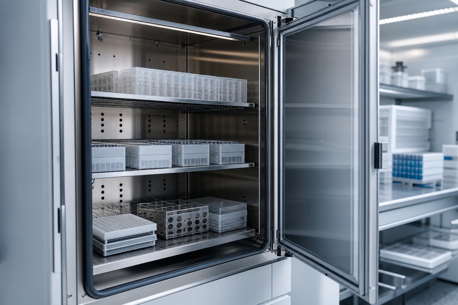 Glass-front laboratory cabinet with shelves of science equipment and supplies