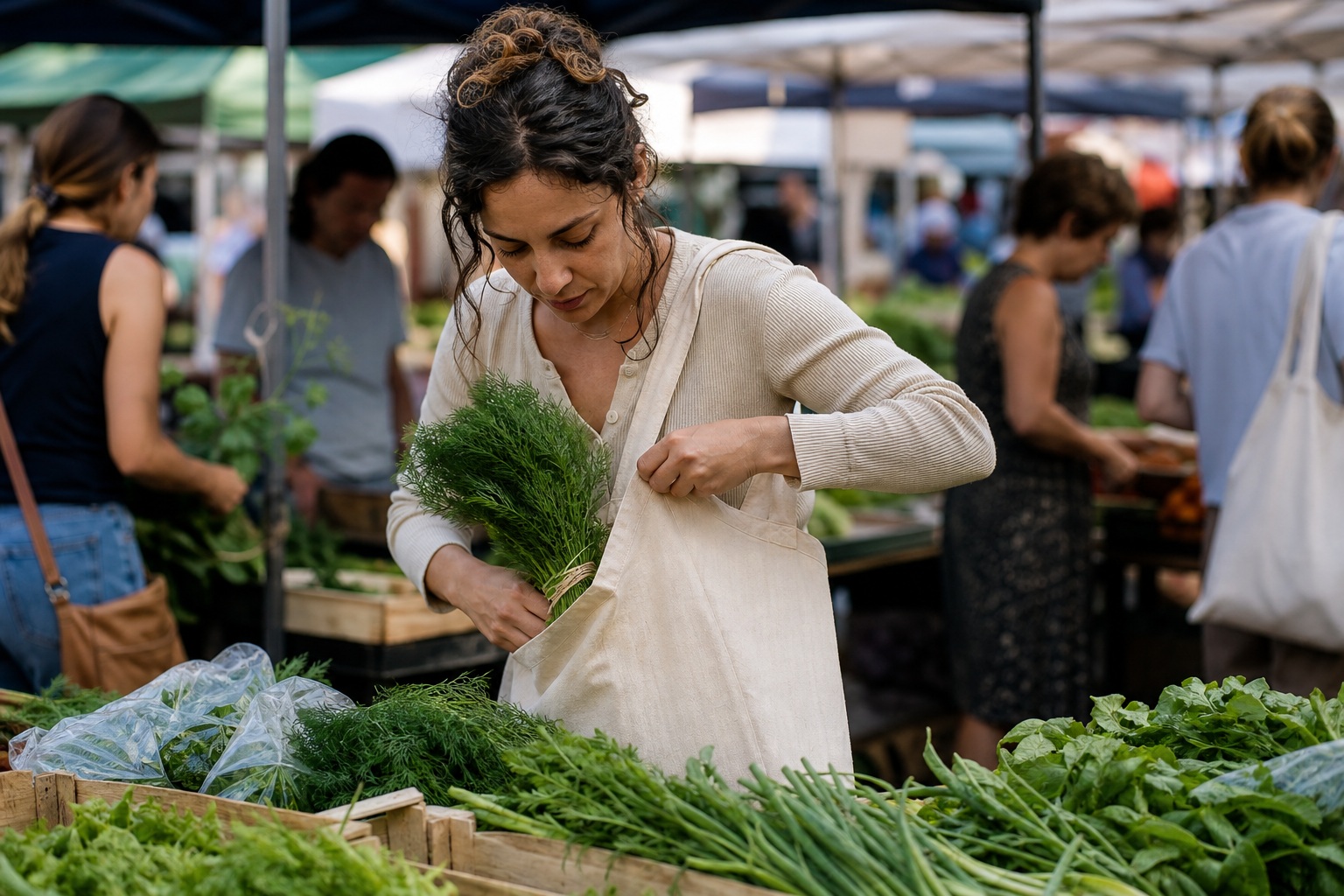 Woman choosing herbs at a busy outdoor street market with produce stalls.