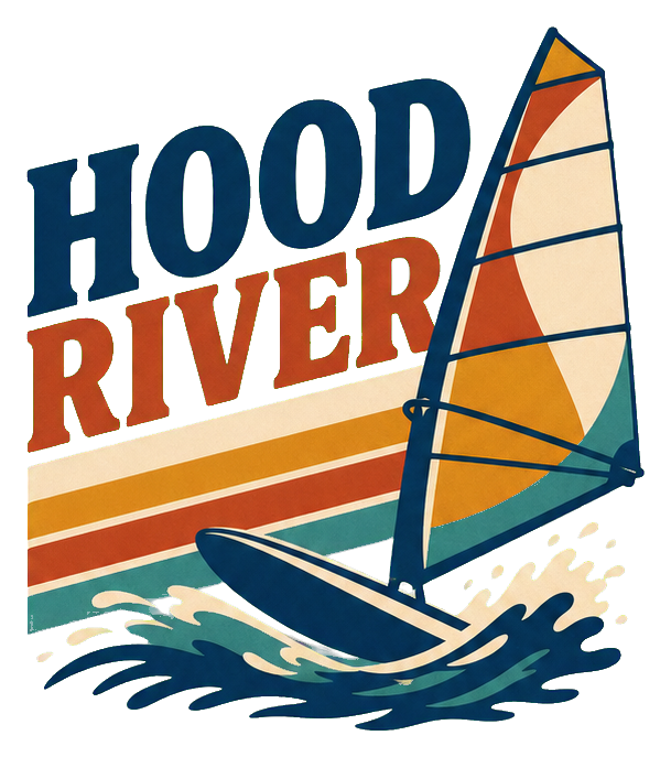 Retro Hood River Wind text sticker with a windsurfing sailboard over waves.