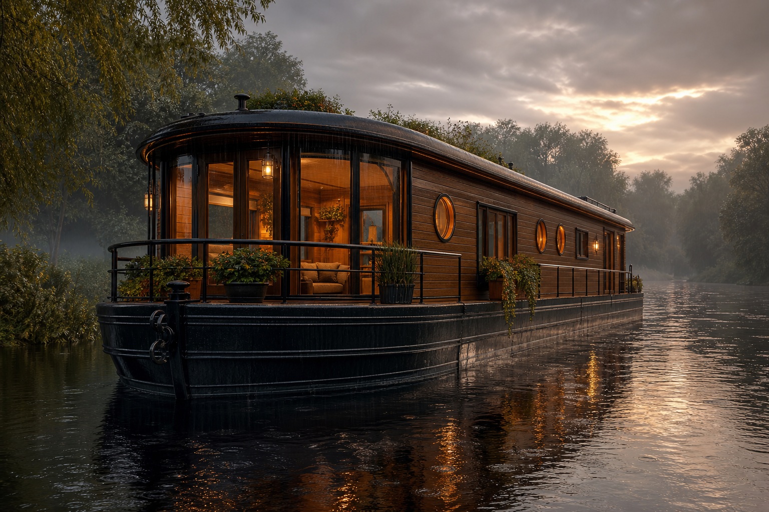 Preview for Houseboat Rain Glow Stock Background