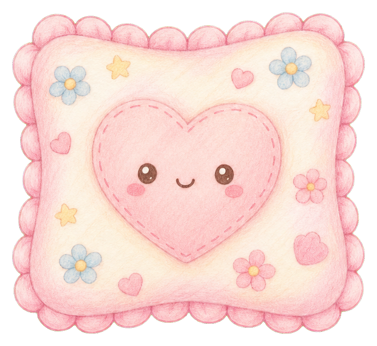 Cute pink pillow sticker with a smiling heart center and small flowers around it