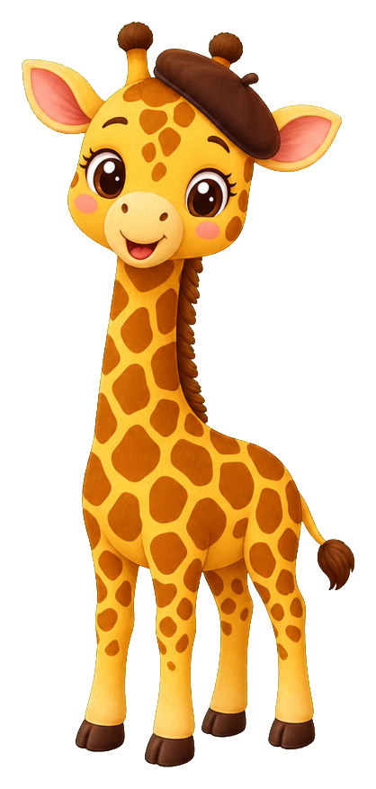 Cute cartoon giraffe wearing a brown artist beret and smiling