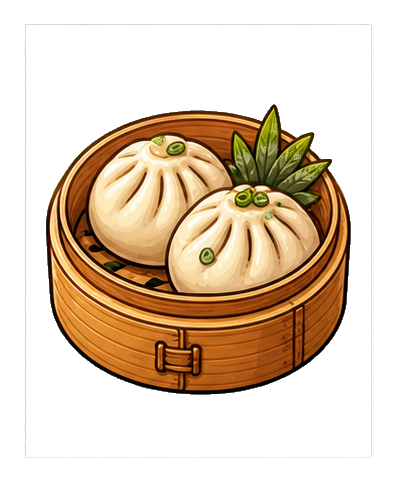 Illustrated bamboo basket with two steamed bao buns and green garnish