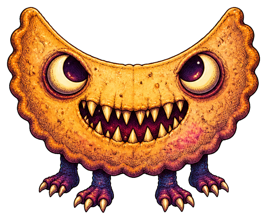 Crescent-shaped biscuit monster with sharp teeth, glowing eyes, and small clawed feet