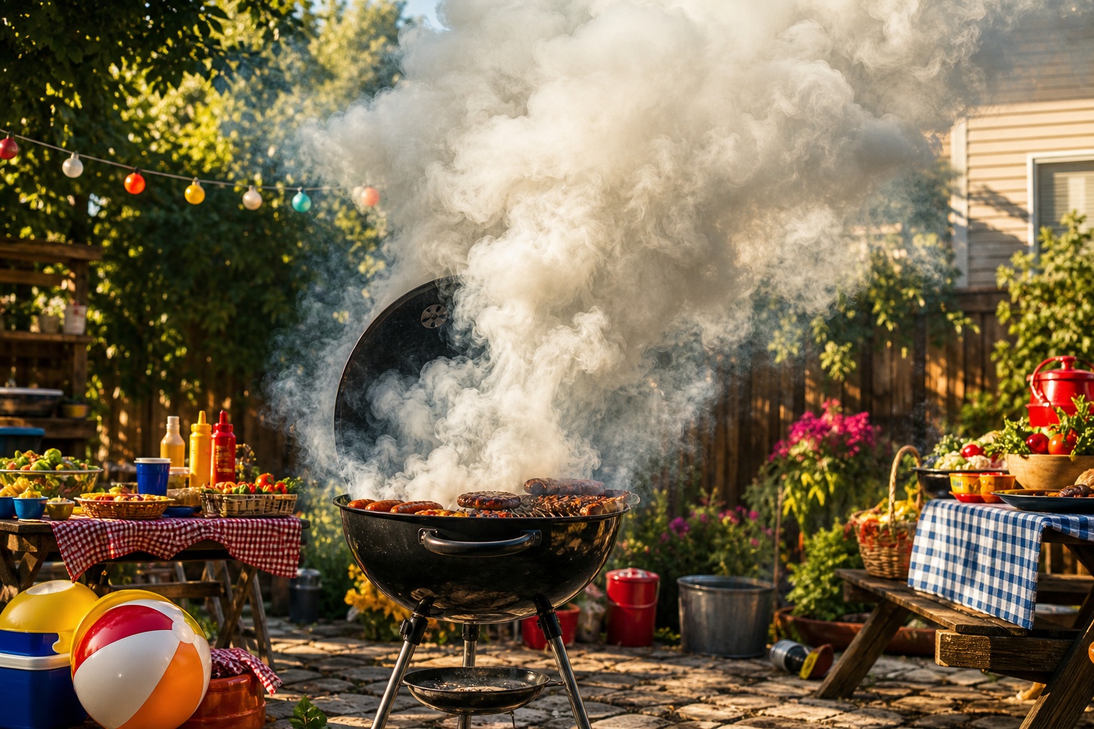 Smoky backyard barbecue grill surrounded by plants, string lights, and patio decor.