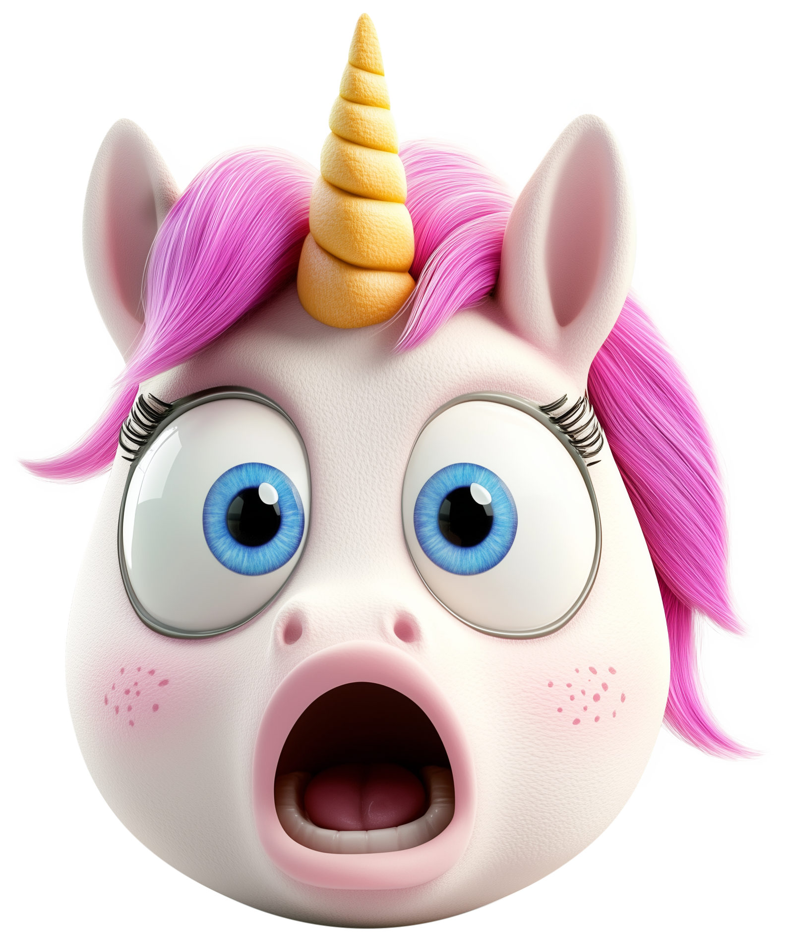 Cute cartoon unicorn face with pink hair, blue eyes, and an open mouth expression