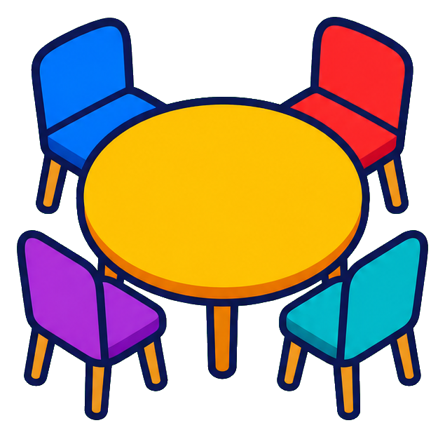 Round yellow table with four colorful chairs arranged around it.