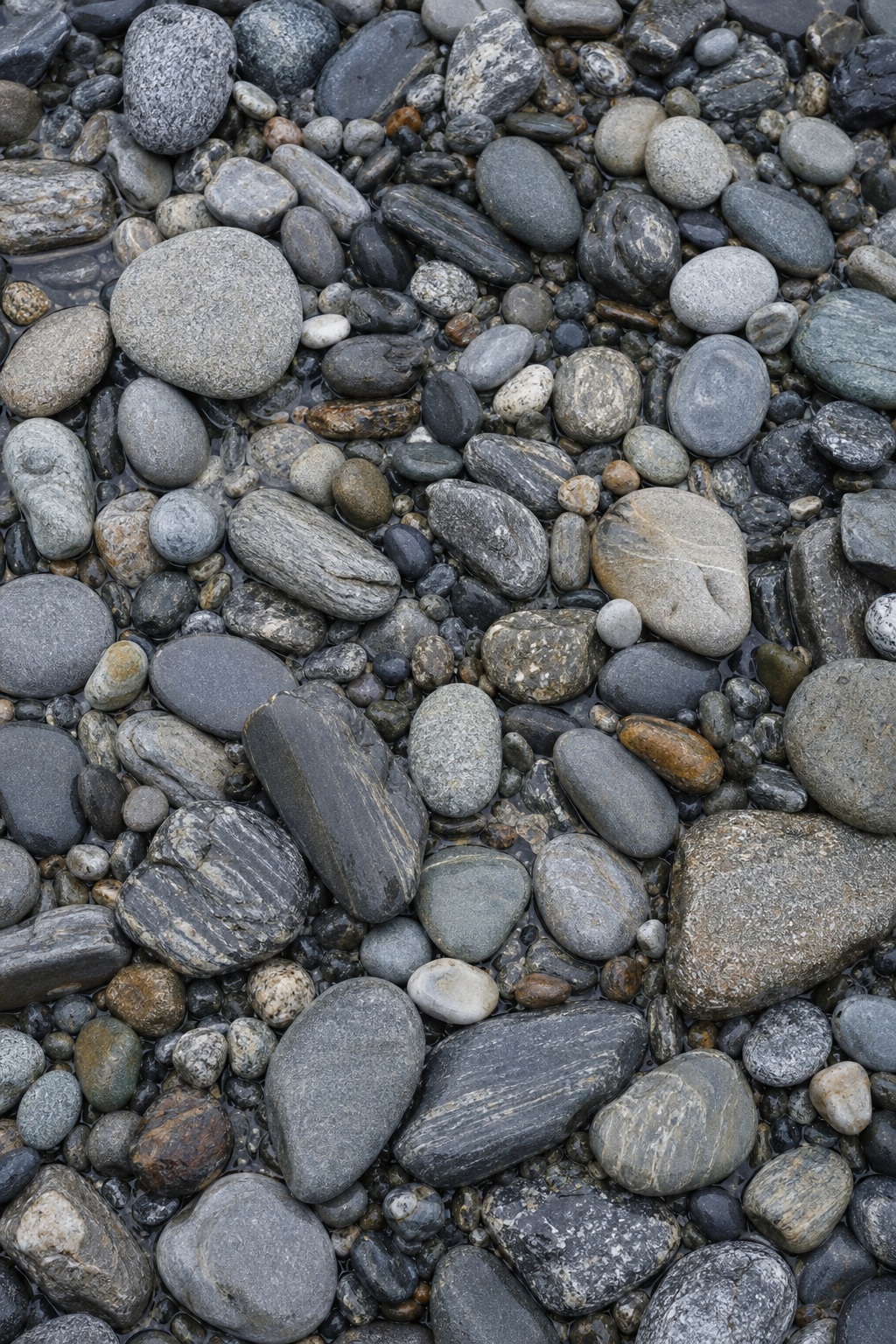 Close-up of smooth monochrome river cobbles and pebbles in gray and silver tones.