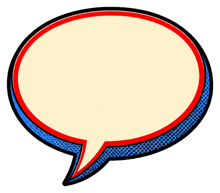 Empty cream speech bubble with red outline and blue halftone shadow.