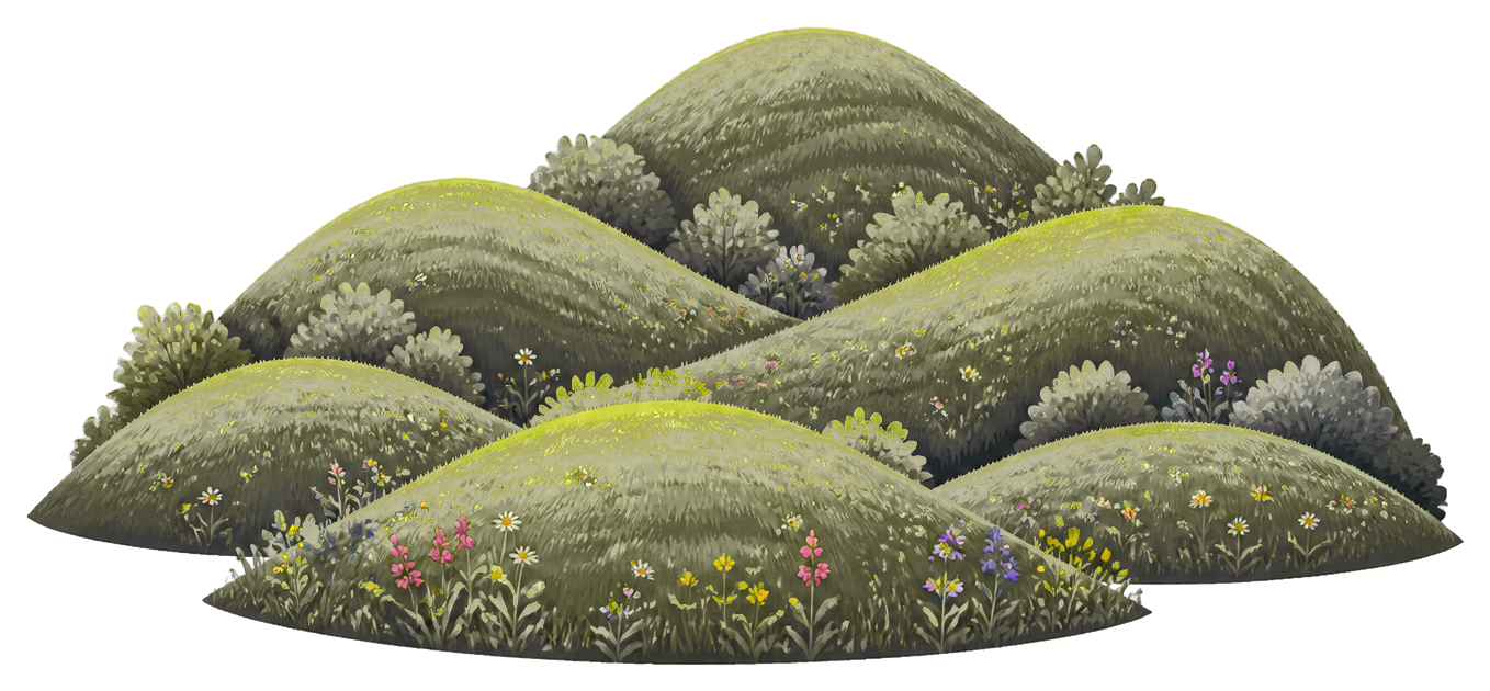 Layered green rolling hills with small flowers and trees
