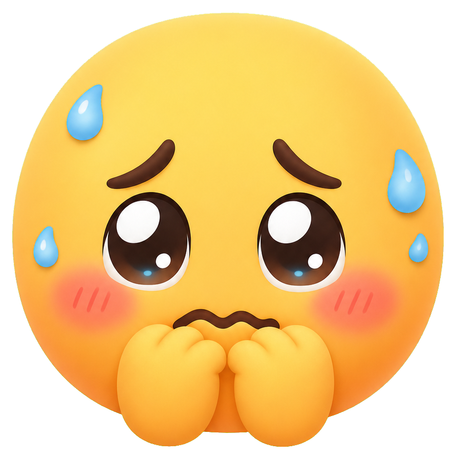 Cute yellow nervous face with teary eyes and hands covering its mouth