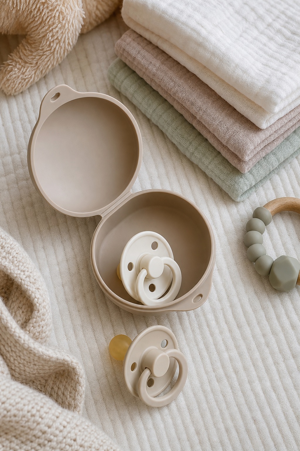 Flatlay of a baby pacifier case with folded textiles, a pacifier, and a teether on a soft blanket.
