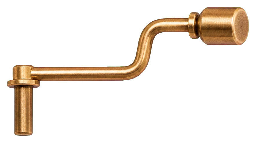 Realistic brass music box crank with curved handle and cylindrical end.