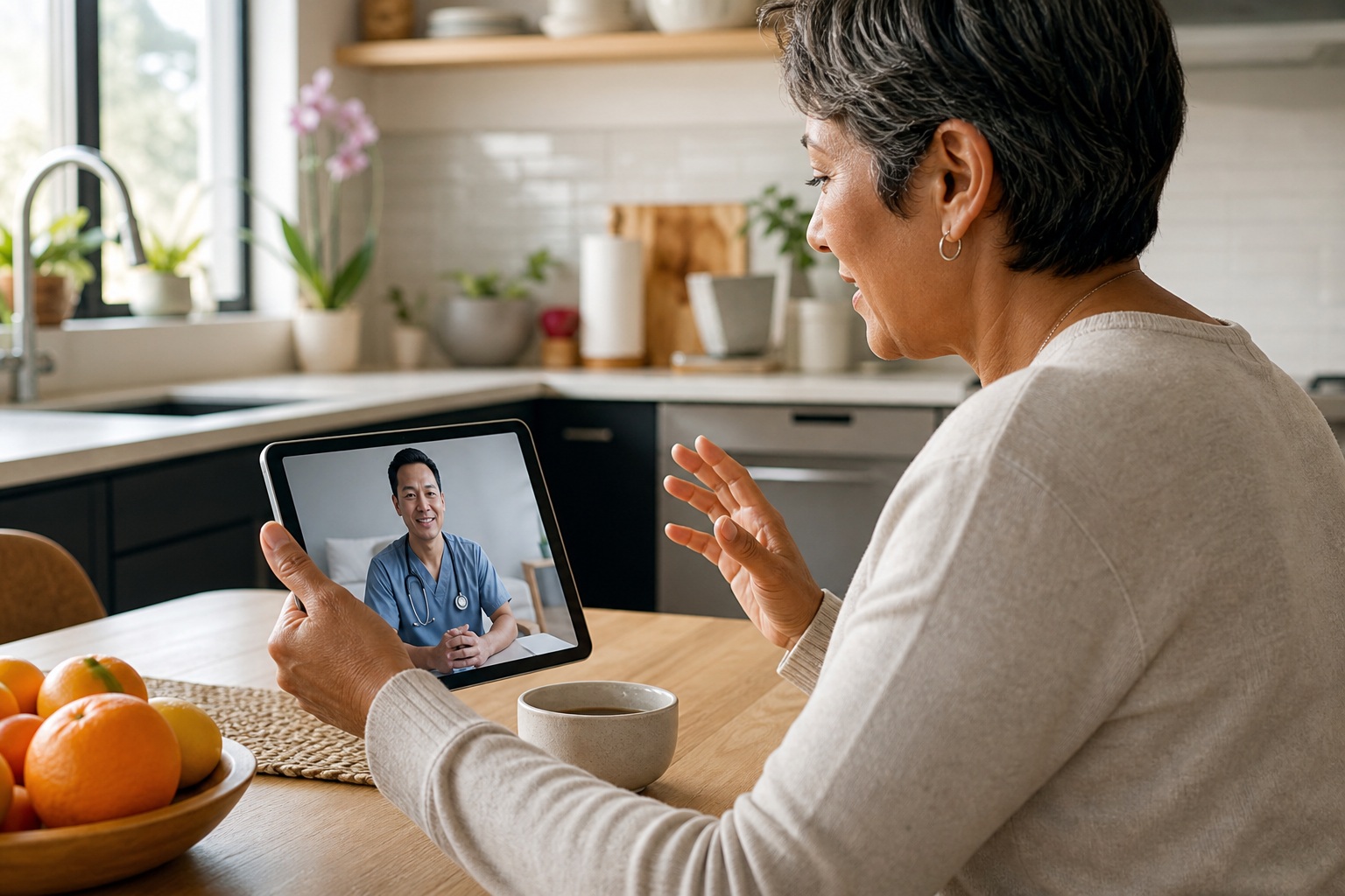 Woman sitting at a kitchen table talking with a doctor on a tablet video call.