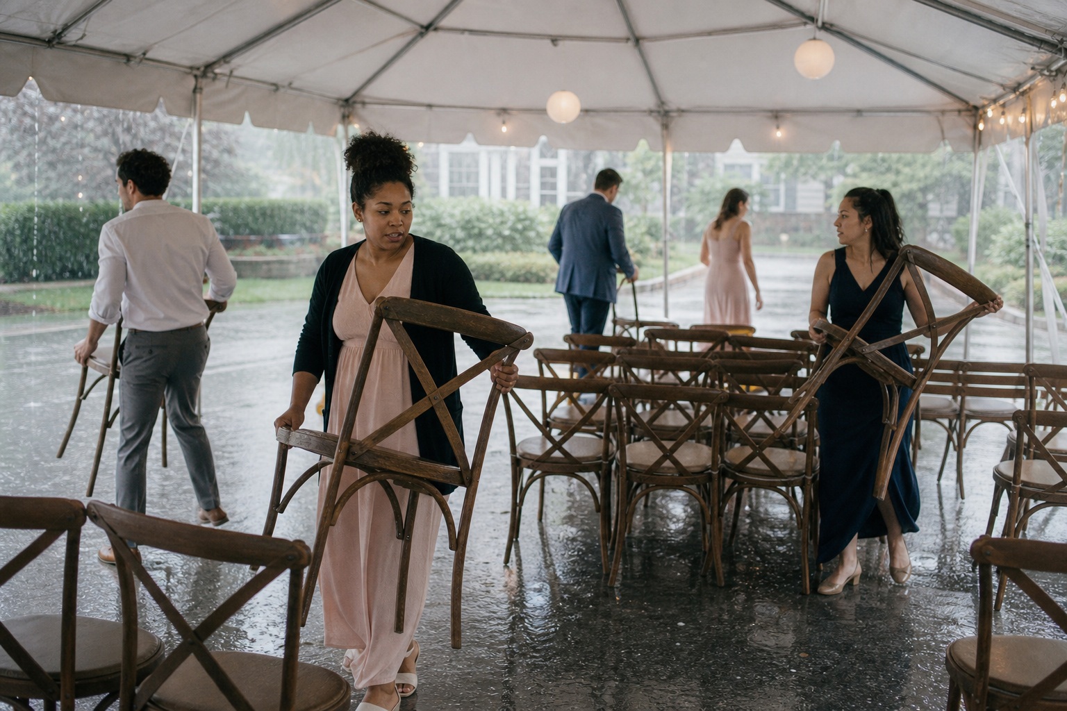 People standing and arranging chairs inside a tent during wedding preparation