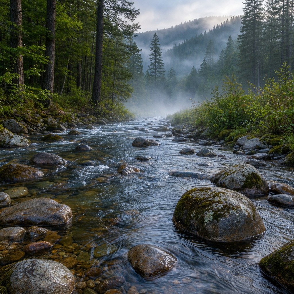 Rocky forest creek flowing through pine trees under soft morning mist.
