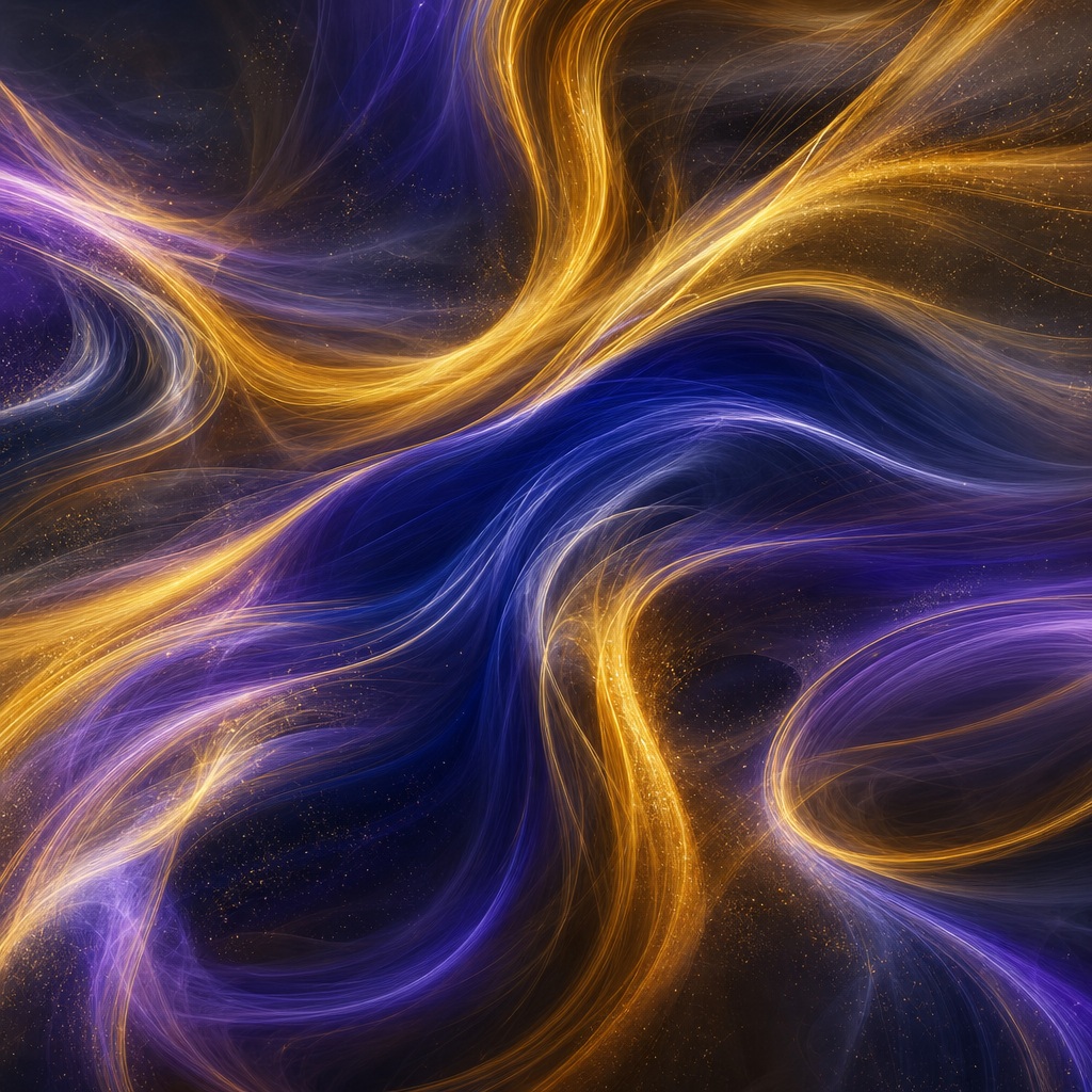 Abstract gold and indigo luminous light trails flowing across a dark background.