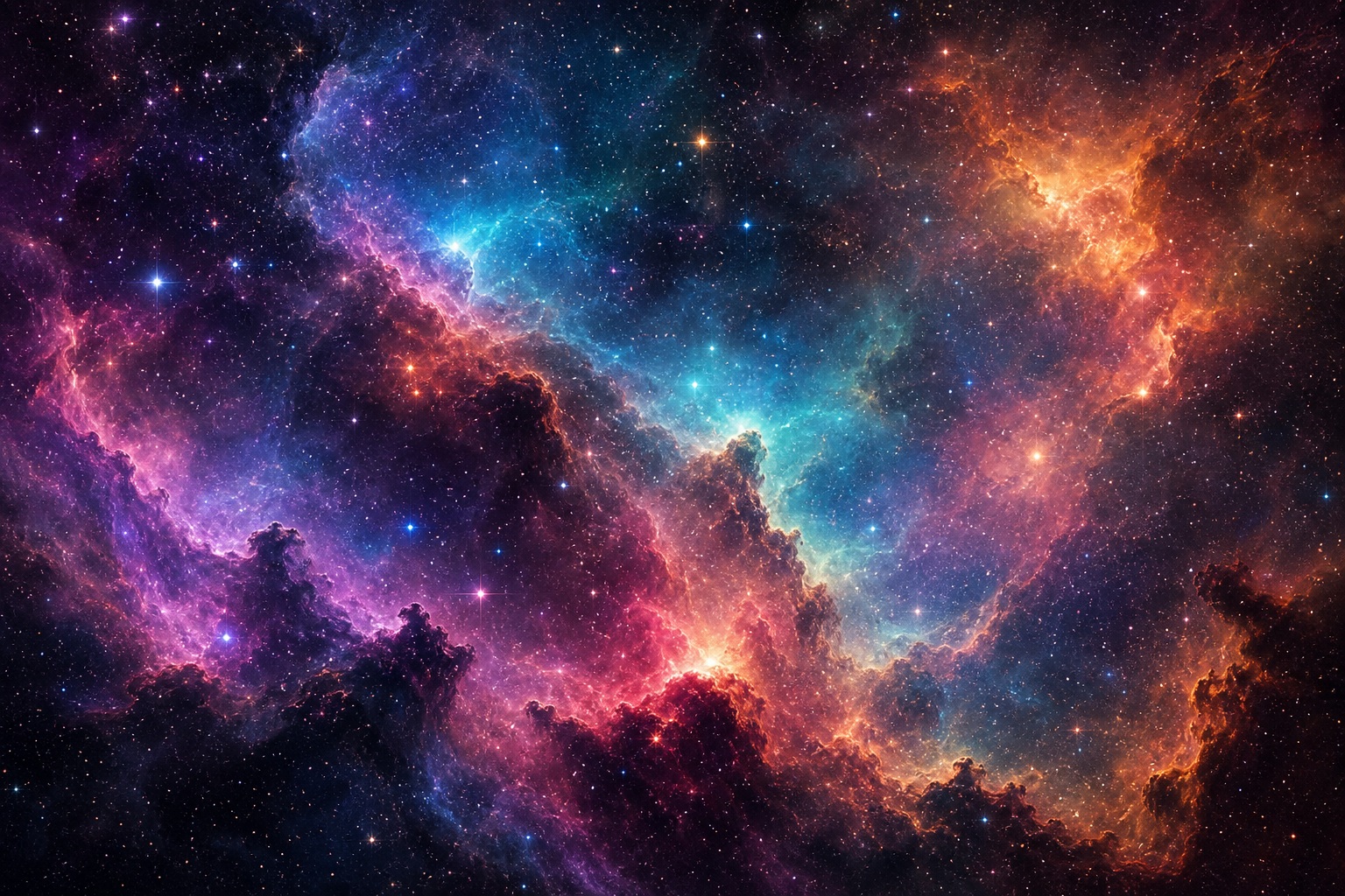 Colorful deep space nebula with bright stars and dark cosmic clouds