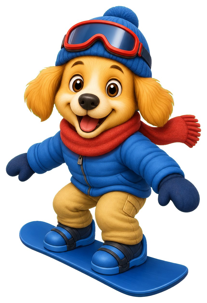 Cartoon dog wearing winter gear standing on a blue snowboard.