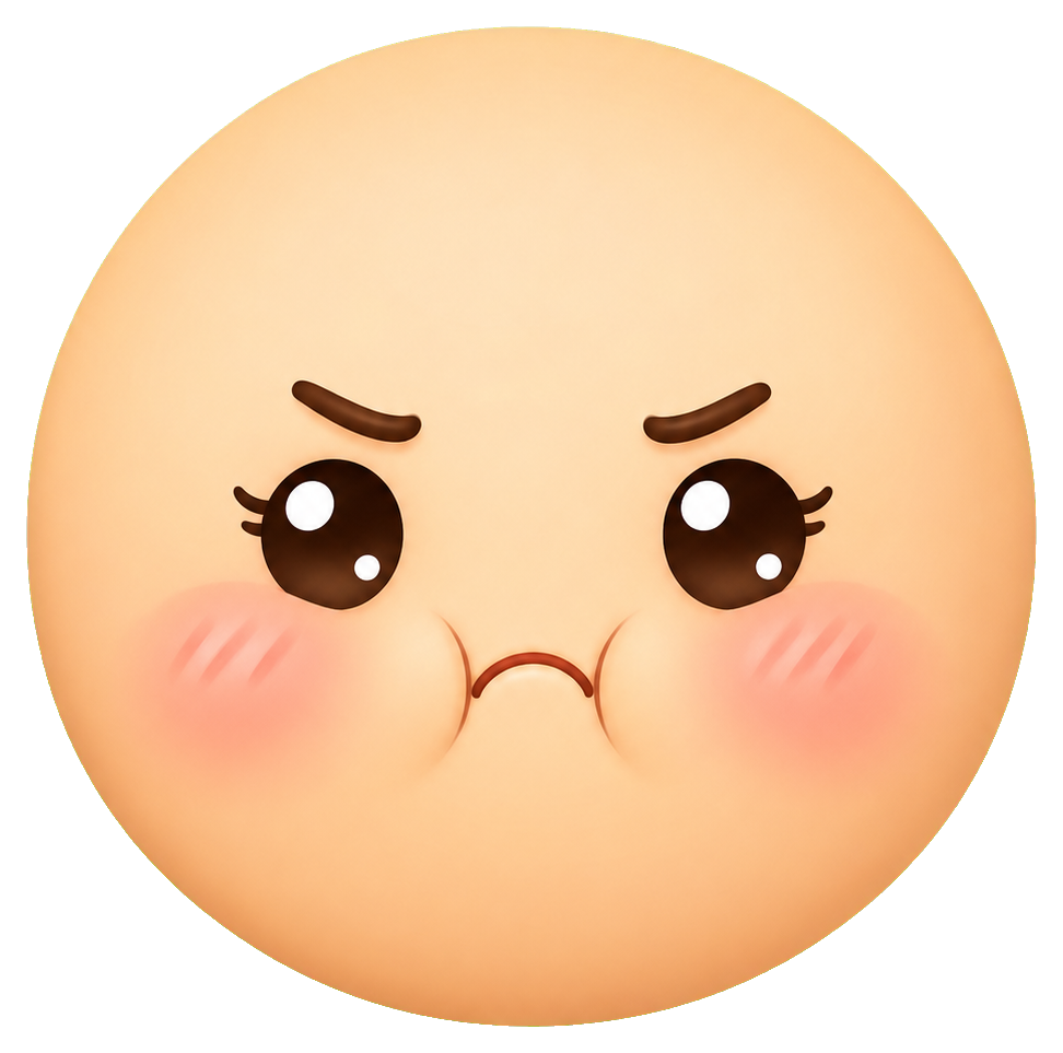 Cute round face sticker with furrowed brows, blushing cheeks, and a pout.