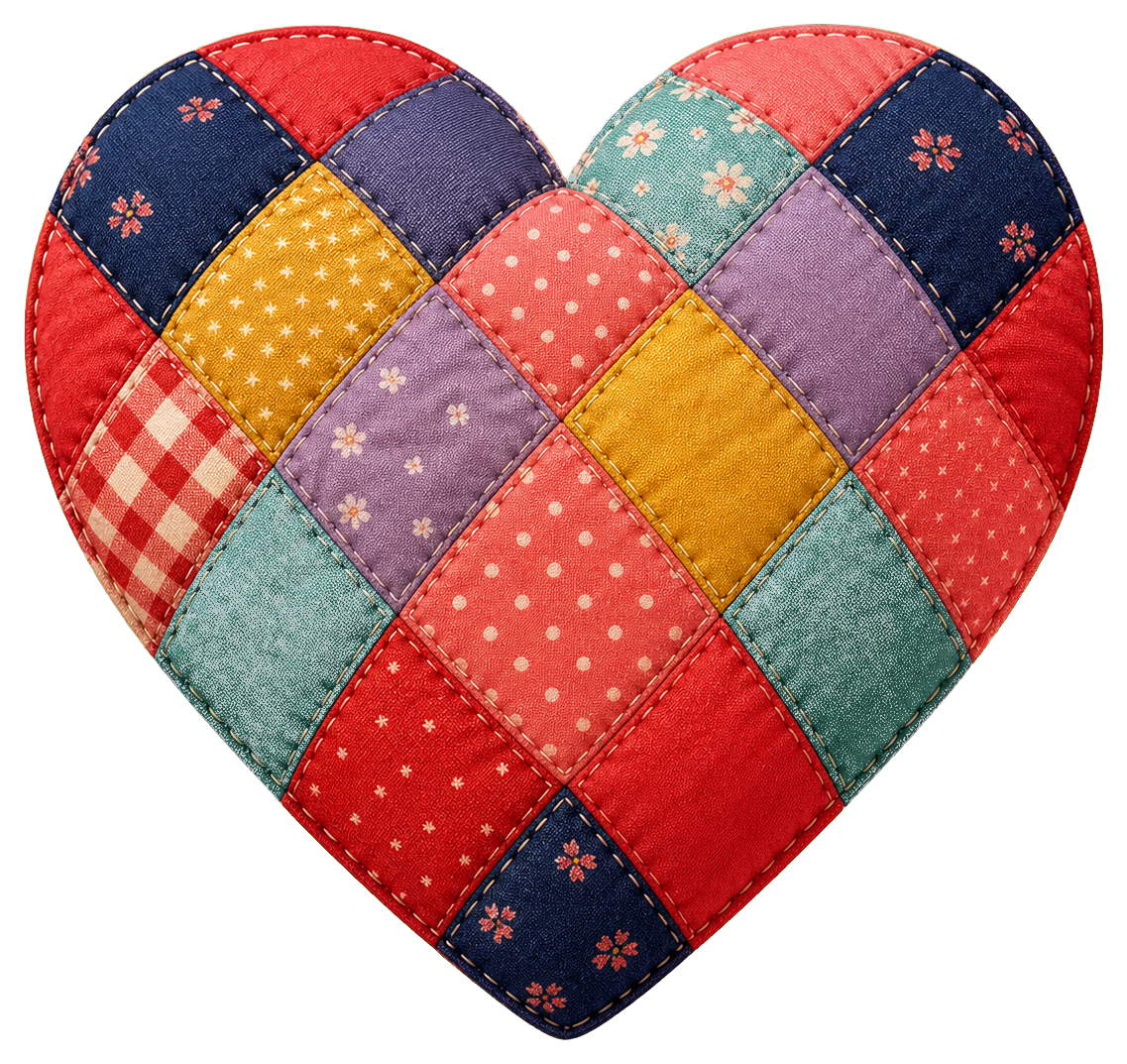 Colorful quilted heart with diamond patchwork and small dotted fabric patterns