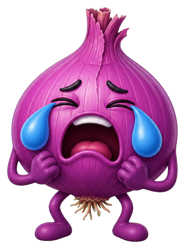 A purple onion character crying with big blue tears and a distressed expression.
