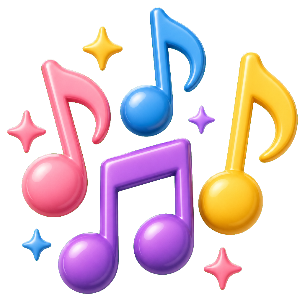 Colorful cluster of music notes with small sparkles around them