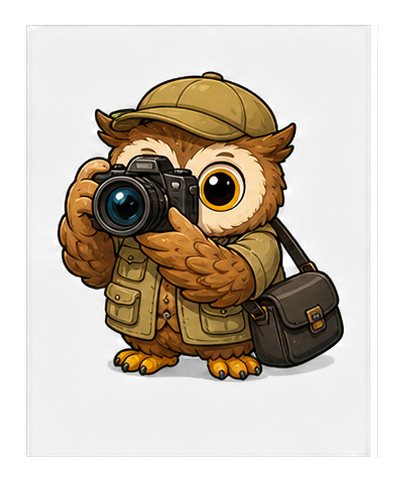 Cartoon owl wearing a hat and coat holding a camera and carrying a bag.