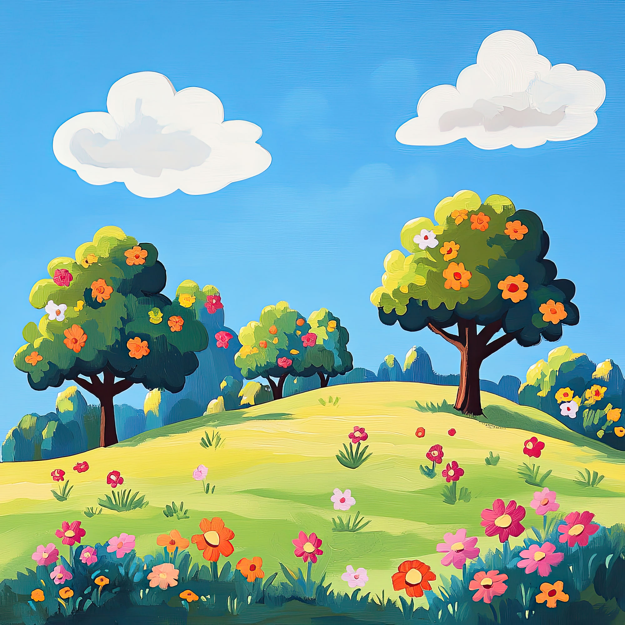 Preview for Cartoon-landscape-hill-flowers-simple-backdrop-background-1f77d