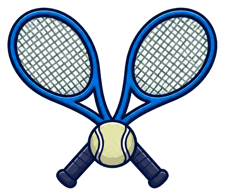 Two crossed tennis rackets with a tennis ball in the center