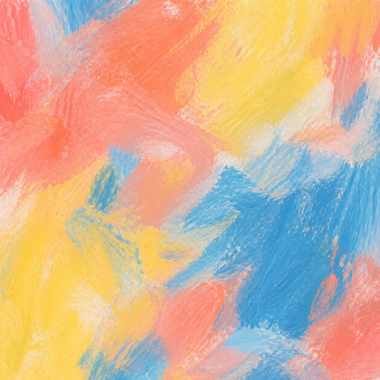 Abstract pastel brush strokes in coral, yellow, blue, and peach on a textured background.