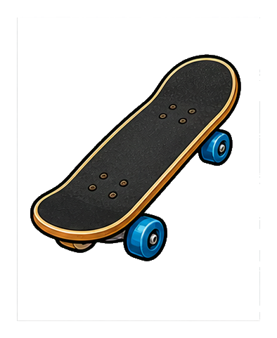 A skateboard with blue wheels shown as a sticker graphic on a transparent background.