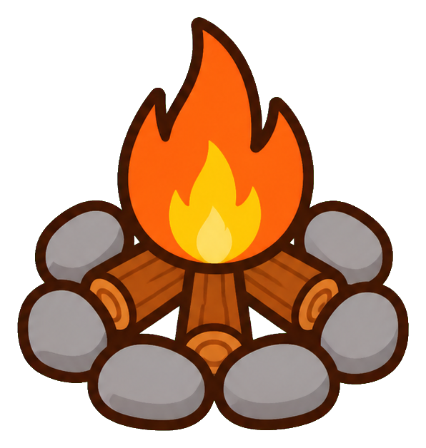 A campfire surrounded by rounded stones in a circular badge shape.