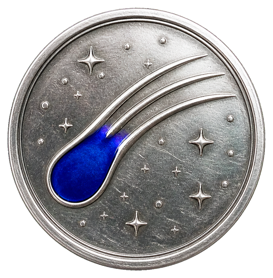 Round silver coin with a blue comet enamel inlay and small star details