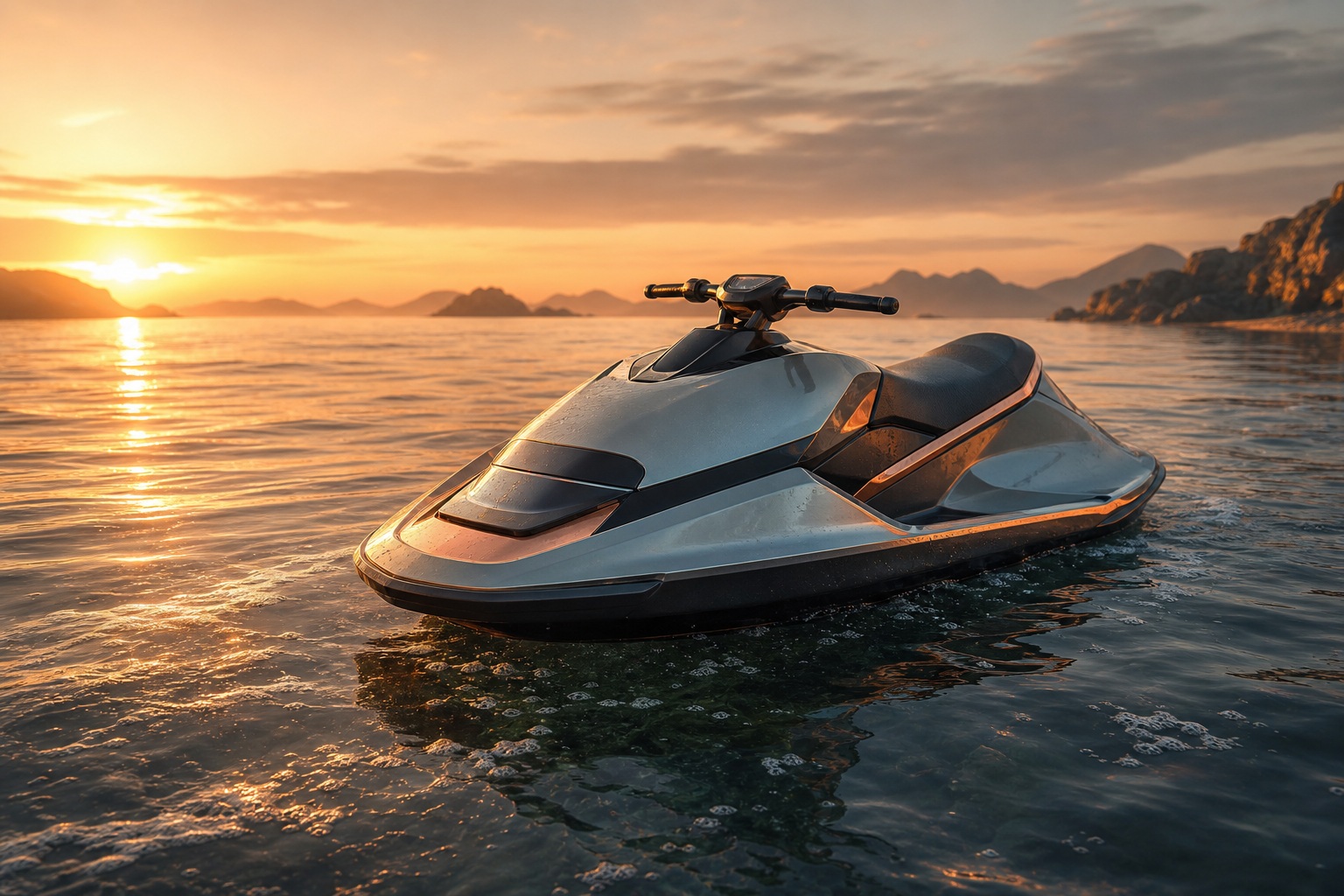 Personal watercraft floating on calm water at sunrise with warm golden light.