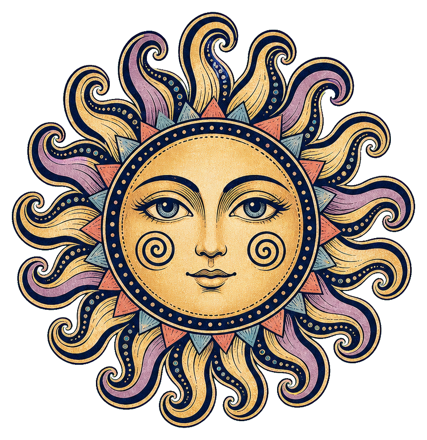 Decorative sun face with spiral cheeks, wavy rays, and a celestial boho style