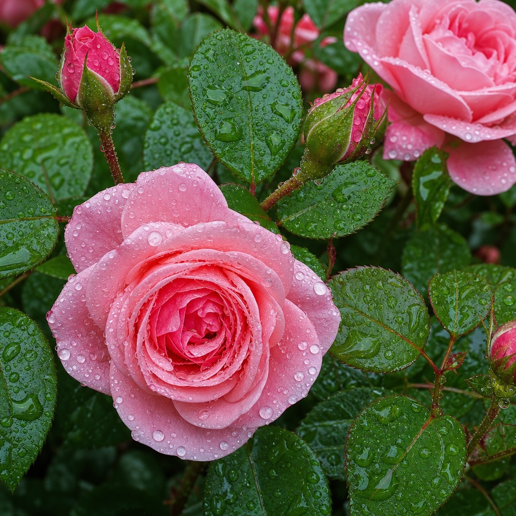 Pink roses with dew-covered petals and green leaves in a garden macro scene
