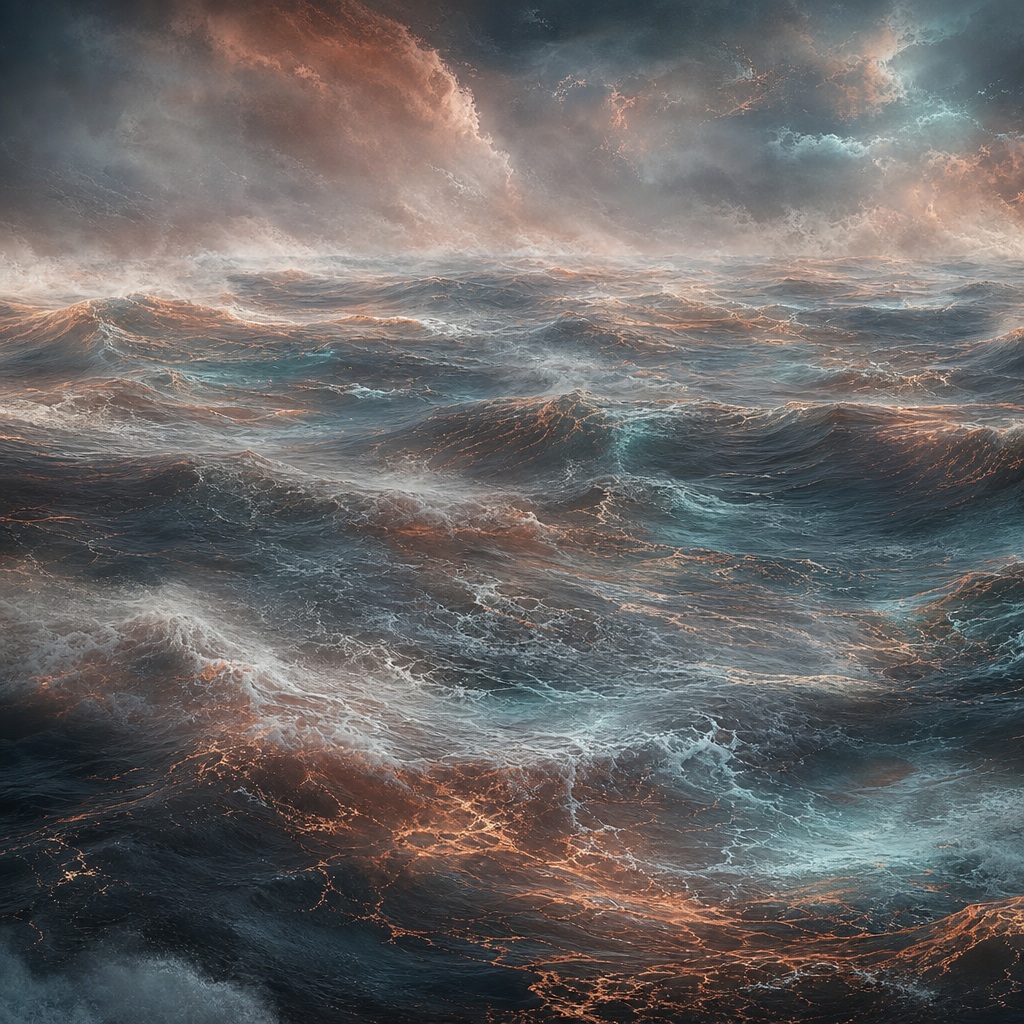 Cinematic futuristic ocean surface with copper-toned storm clouds and a distant horizon