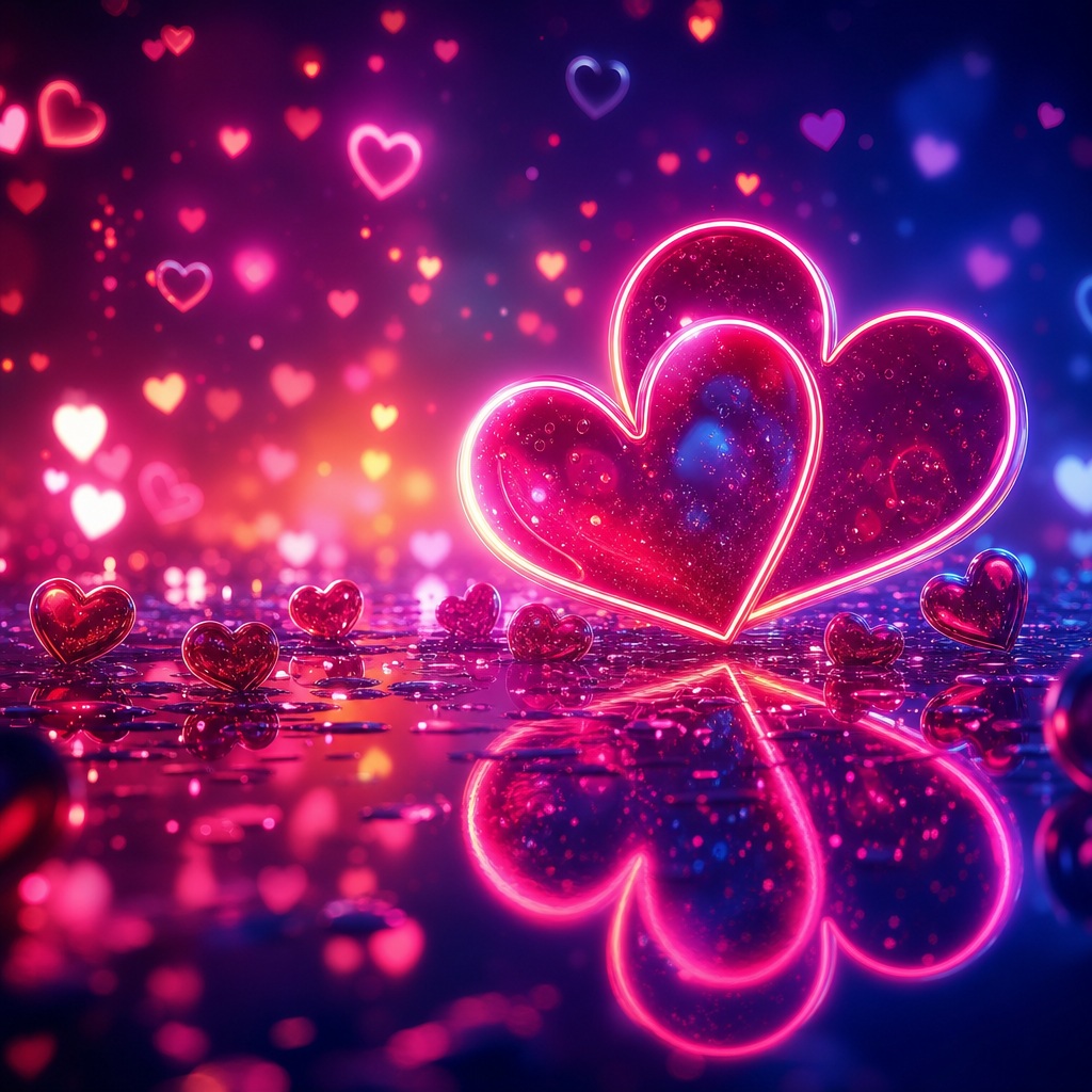 Glowing neon pink heart with reflected hearts on a sparkling dark background